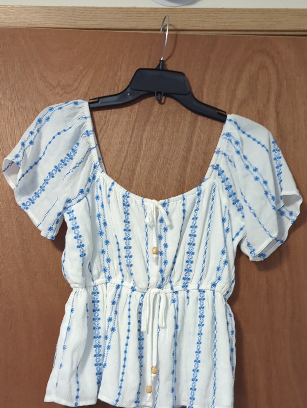 Women’s White Peasant Blouse with Blue Embroidery